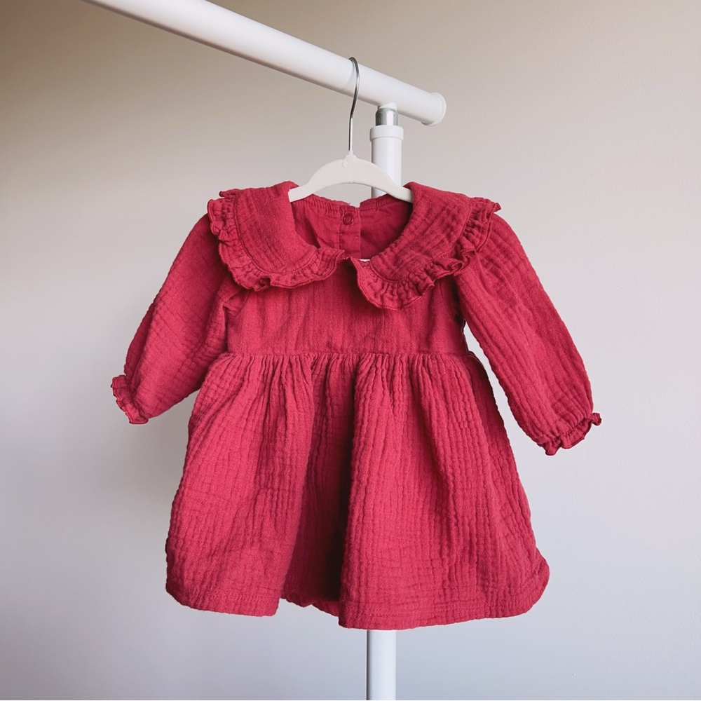 H&M Baby Cotton Gauze Dress | Burgundy Red | 3 Months | Soft & Breathable